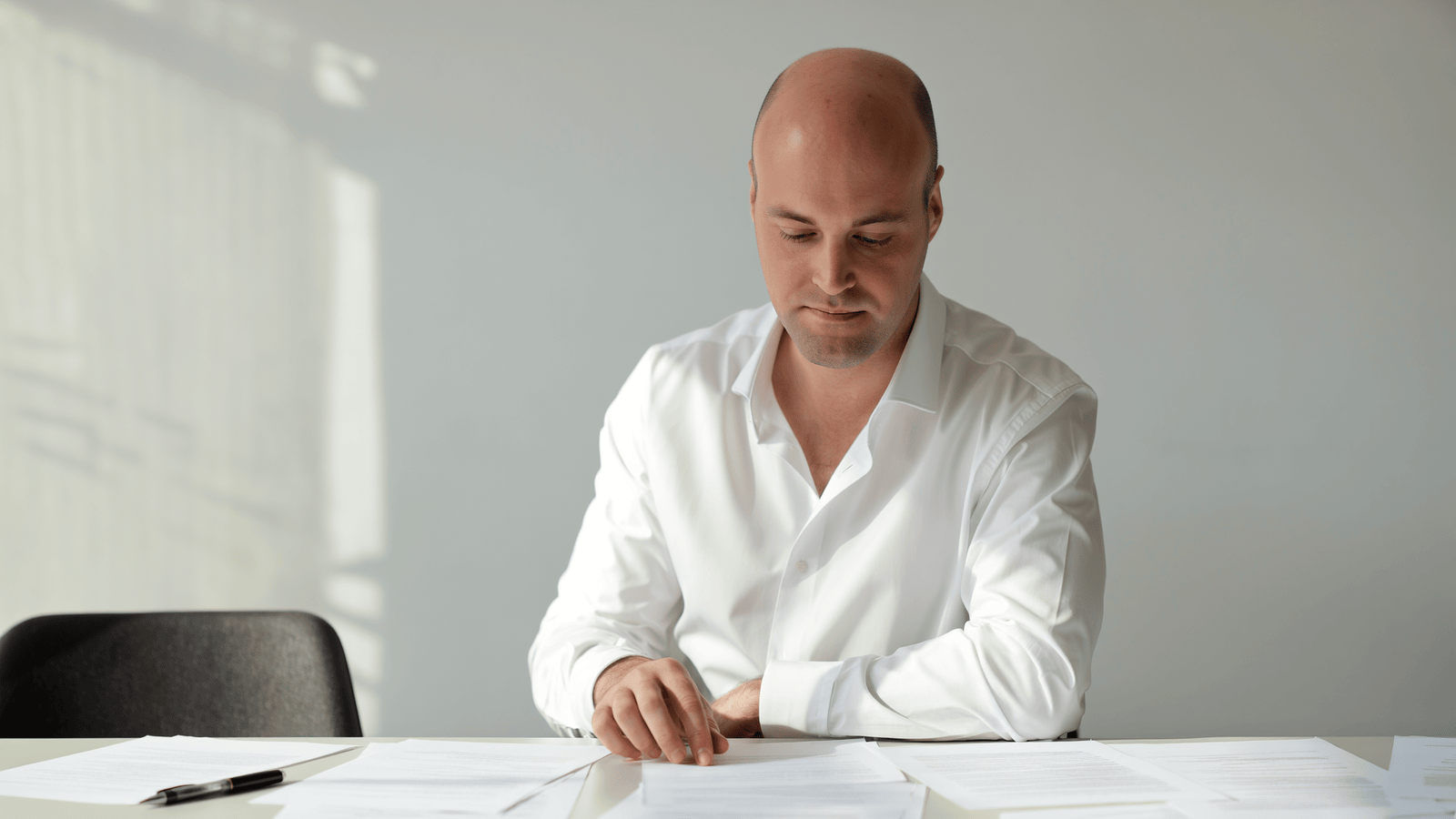 Jeremy Thomas reviewing printed notes at a table.